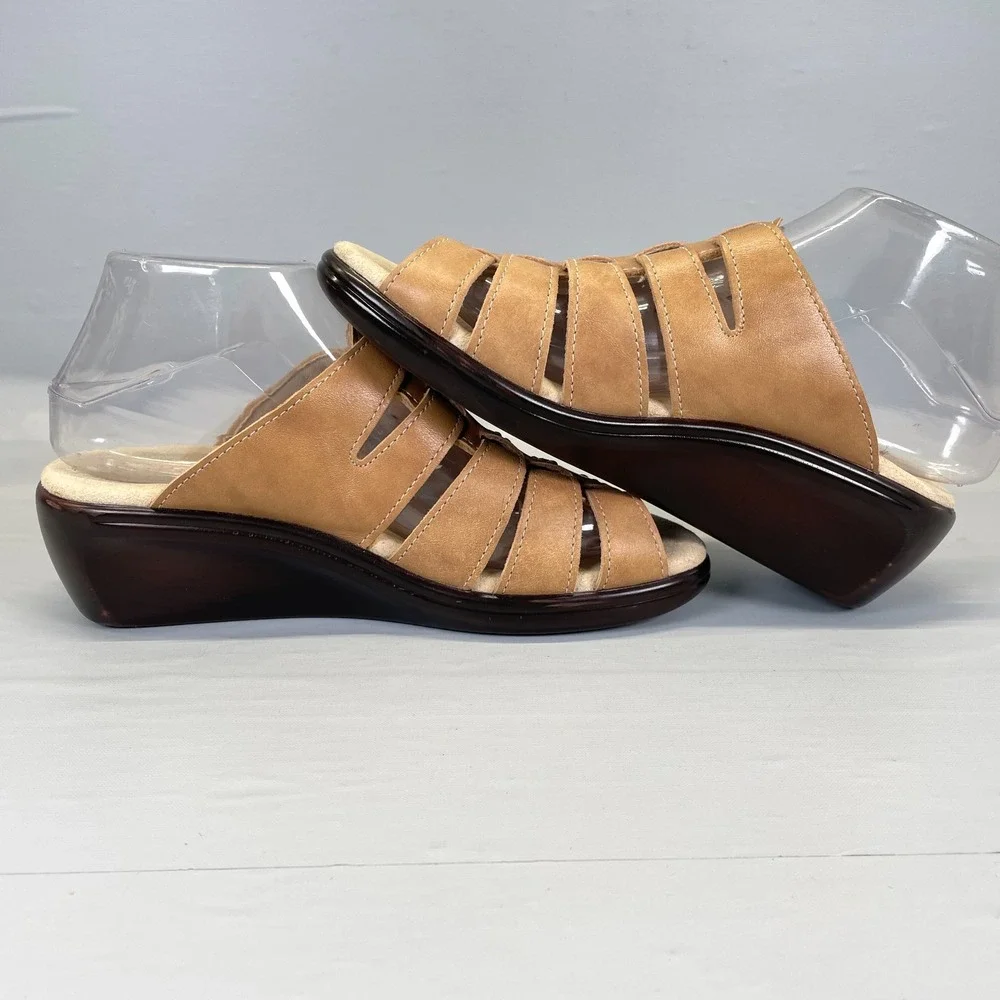 SAS Tango Wedge Sandals Womens Size 7.5 Extra Wide Brown Leather Comfort Shoes